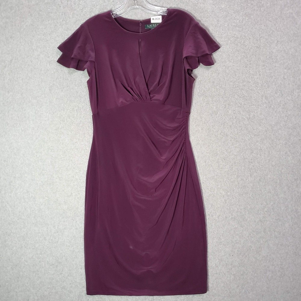 Lauren Ralph Lauren Women Dress 10 Purple Drape‎ Flutter Sleeve Fitted Keyhole